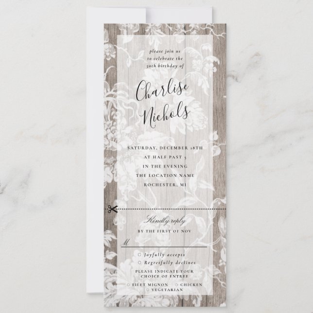 Rustic floral on wood birthday invitation w rsvp (Front)