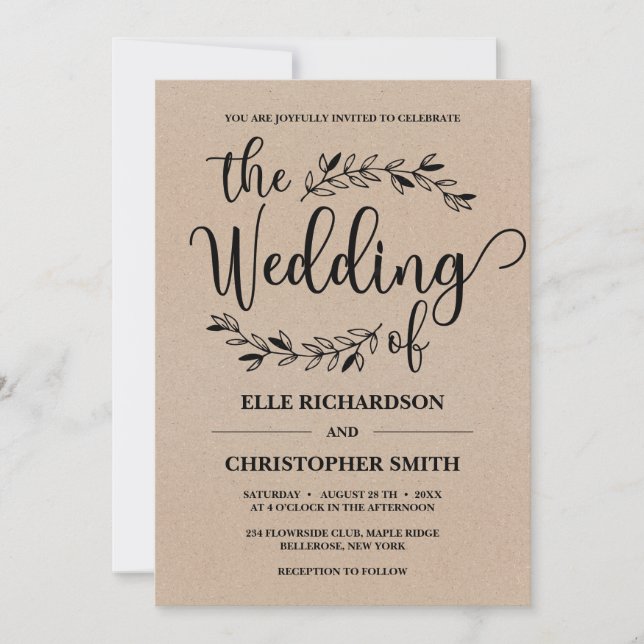 Rustic floral ornaments kraft paper wedding invitation (Front)