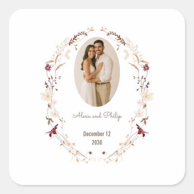 Rustic Floral Oval Photo Frame Botanical Wreath Square Sticker (Front)