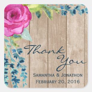 Rustic Floral Painted Wood Wedding Thank You Square Sticker