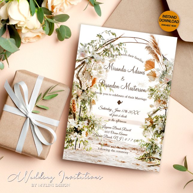 Rustic Floral Palm Arch Tropical Beach Wedding Invitation (Creator Uploaded)