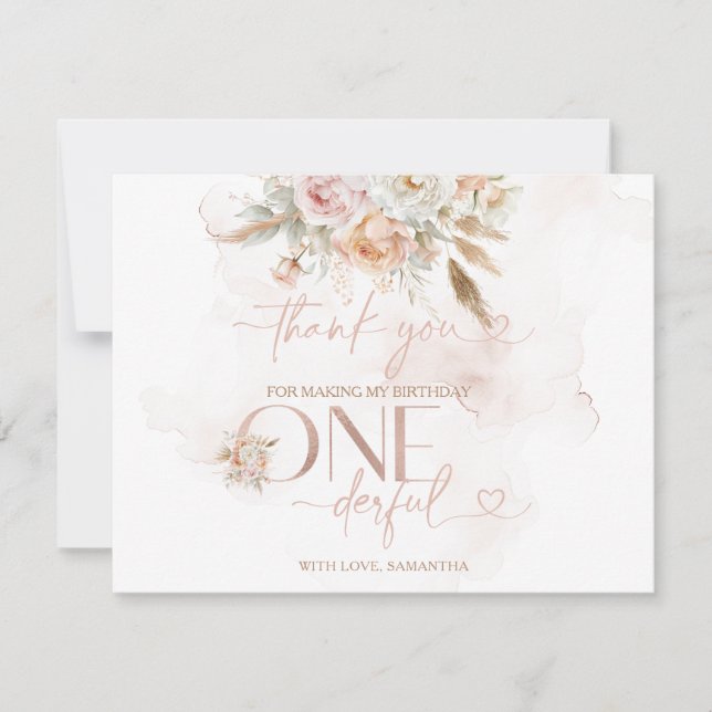 Rustic Floral Pampas Isn't She Onederful Thank You Card (Front)