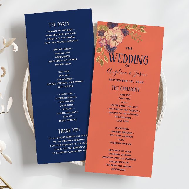 Rustic Floral Peach and Navy Blue Wedding Programme (Creator Uploaded)