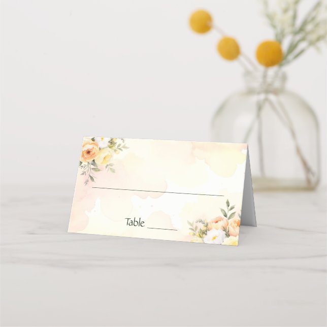 Rustic Floral Peach Yellow Roses Wedding Reception Place Card (Front)