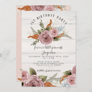 Rustic Floral Peony Dusty Pink 1st First Birthday Invitation