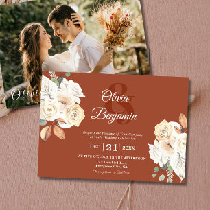 Rustic Floral Photo Burnt Orange Wedding Invitation