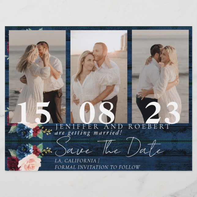 Rustic Floral Photo Collage Save the Date Card (Front)