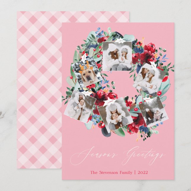 Rustic floral photo pink Christmas wreath Season Holiday Card (Front/Back)