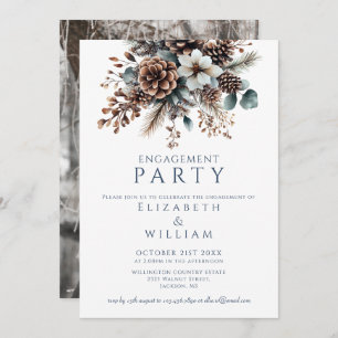 Rustic Floral Pinecone Engagement Party Photo Invitation