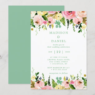 Rustic Floral Pink And Mint Green Wedding Invitation