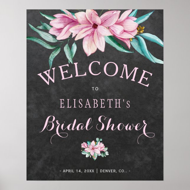 Rustic floral pink bridal shower welcome sign (Front)