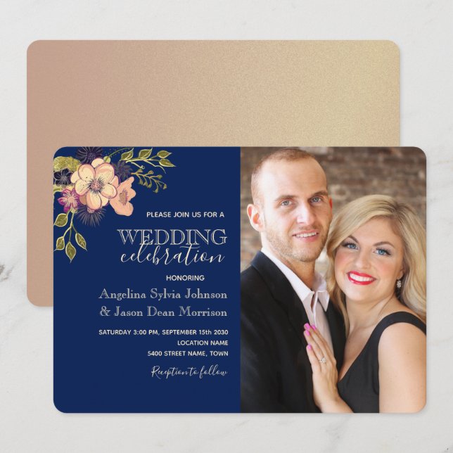 Rustic Floral Pink Navy Blue Photo Wedding Invitation (Front/Back)