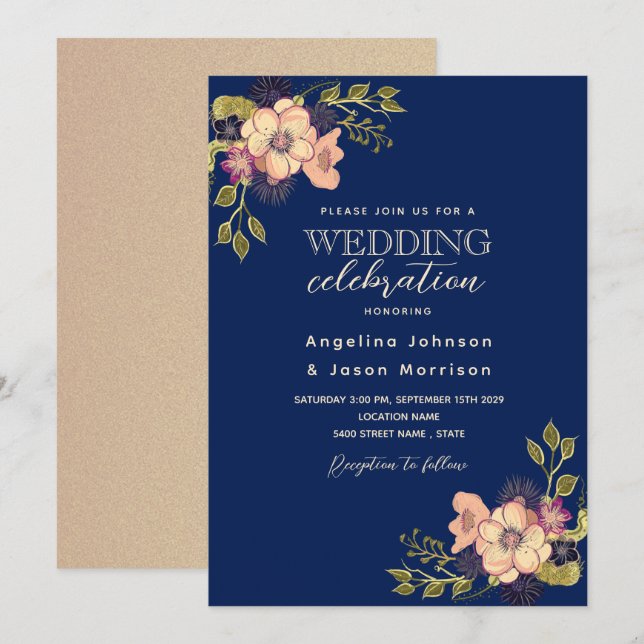 Rustic Floral Pink Navy Blue Wedding Invitation (Front/Back)