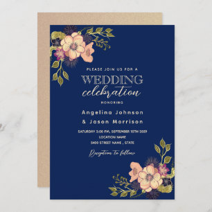 Rustic Floral Pink Navy Blue Wedding Invitation