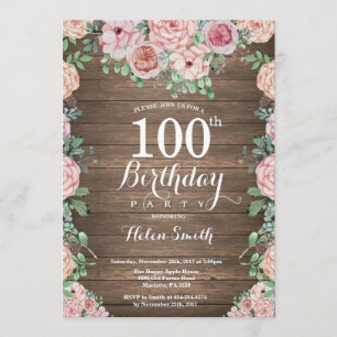 Rustic Floral Pink Peonies 100th Birthday Invitation