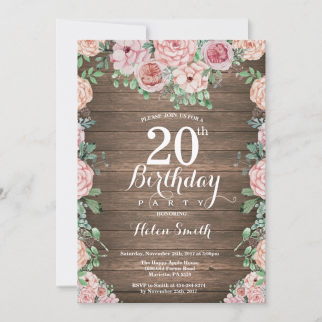Rustic Floral Pink Peonies 20th Birthday Invitation (Front)