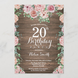 Rustic Floral Pink Peonies 20th Birthday Invitation