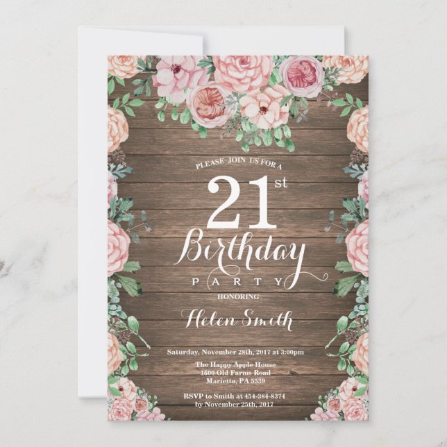 Rustic Floral Pink Peonies 21st Birthday Invitation (Front)