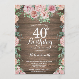Rustic Floral Pink Peonies 40th Birthday Invitation