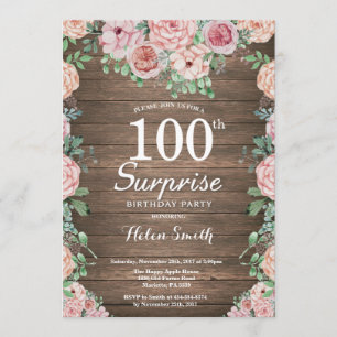 Rustic Floral Pink Peonies Surprise 100th Birthday Invitation