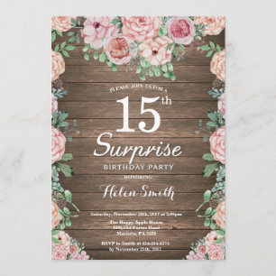 Rustic Floral Pink Peonies Surprise 15th Birthday Invitation