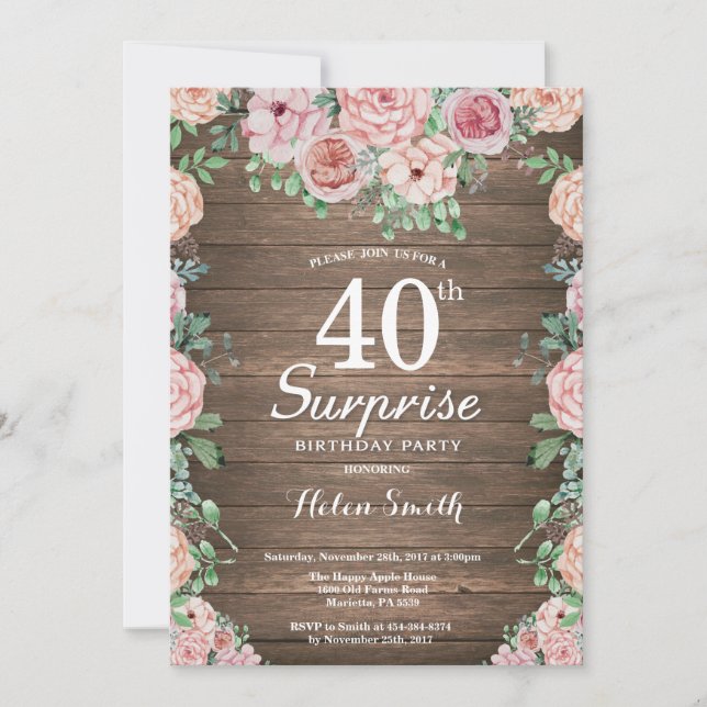 Rustic Floral Pink Peonies Surprise 40th Birthday Invitation (Front)