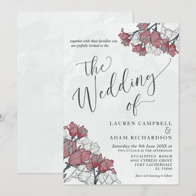 Rustic Floral Pink & Sage Green Watercolor Wedding Invitation (Front/Back)