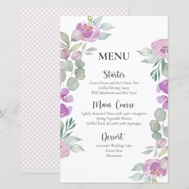 Rustic Floral Pink Watercolor Wedding Menu (Front/Back)