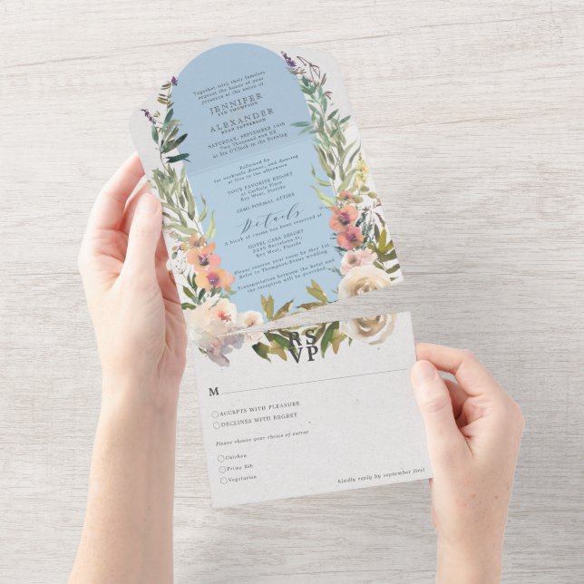 Rustic Floral Powdered Blue Wedding All In One Invitation (Tearaway)
