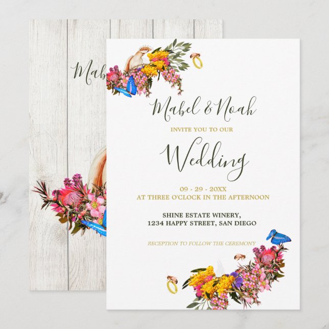 Rustic Floral Protea Cockatoo Sustainable Wedding Invitation (Front/Back)