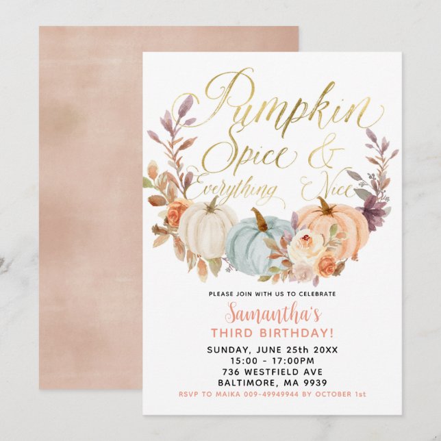 Rustic Floral Pumpkin Birthday Invitation (Front/Back)