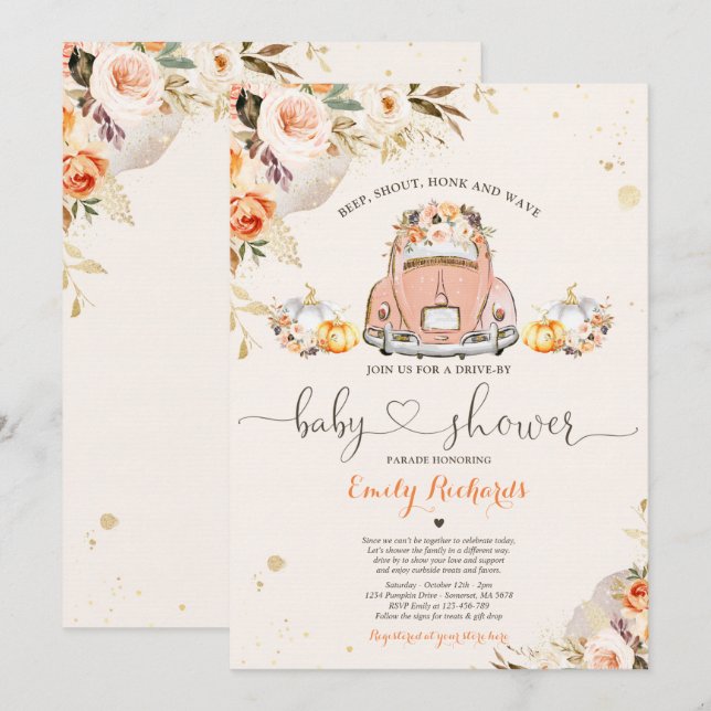 Rustic Floral Pumpkin Drive By Baby Shower Invitation (Front/Back)