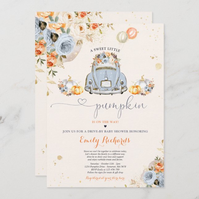 Rustic Floral Pumpkin Drive By Baby Shower Invitation (Front/Back)