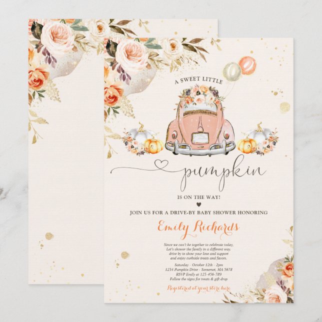 Rustic Floral Pumpkin Drive By Baby Shower Invitation (Front/Back)