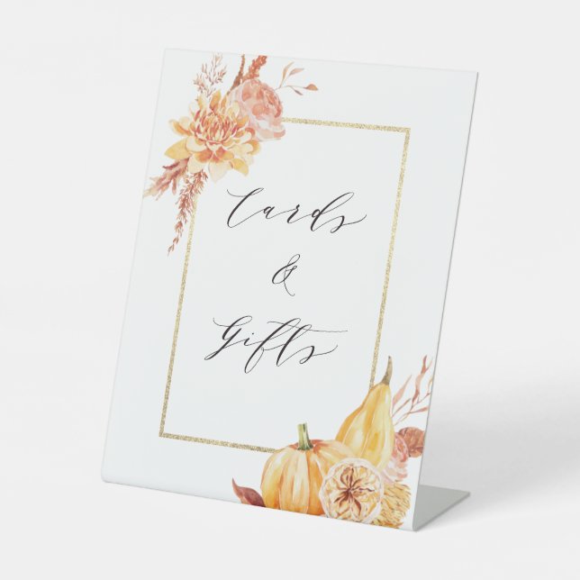 Rustic Floral Pumpkin Gold Frame Cards & Gifts Pedestal Sign (Front)