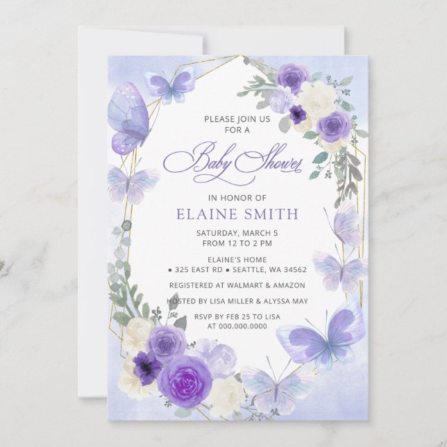 Rustic Floral Purple Lilac Butterflies Baby Shower Invitation (Front)