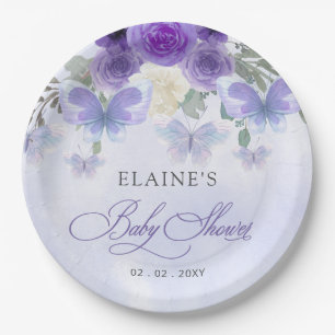 Rustic Floral Purple Lilac Butterflies Baby Shower Paper Plate