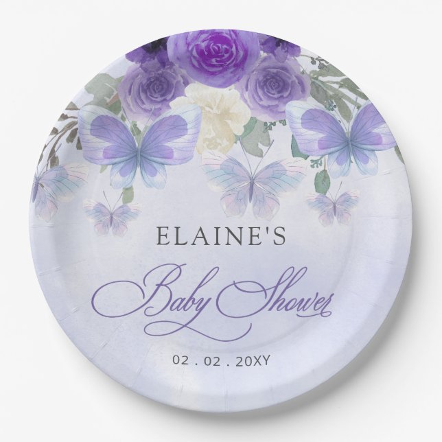 Rustic Floral Purple Lilac Butterflies Baby Shower Paper Plate (Front)