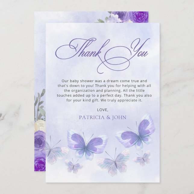 Rustic Floral Purple Lilac Butterflies Baby Shower Thank You Card (Front/Back)