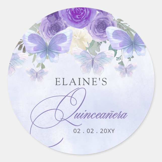 Rustic Floral Purple Lilac Butterflies Quinceanera Classic Round Sticker (Front)