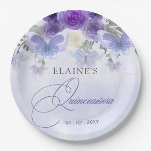 Rustic Floral Purple Lilac Butterflies Quinceanera Paper Plate