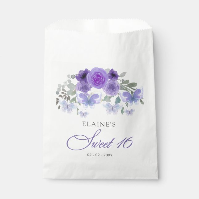Rustic Floral Purple Lilac Butterflies Sweet 16 Favour Bags (Front)