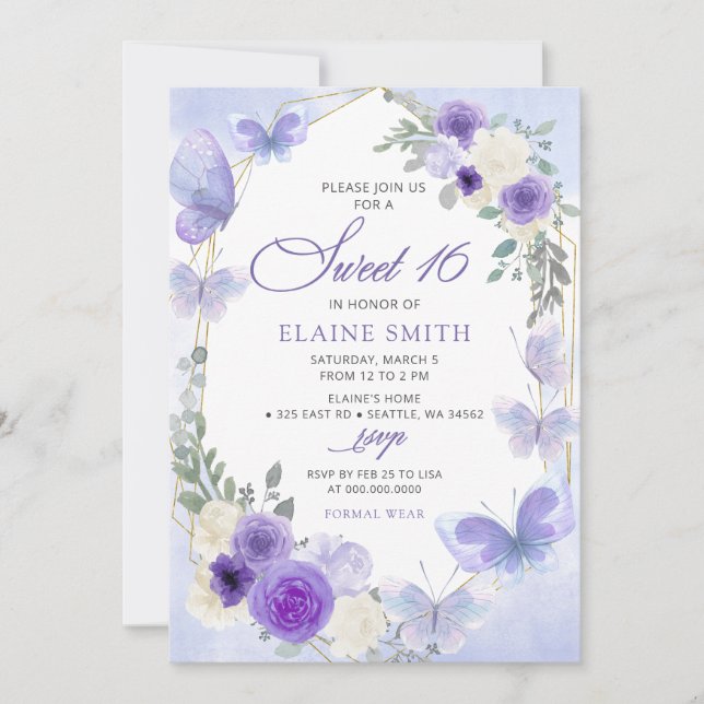 Rustic Floral Purple Lilac Butterflies Sweet 16 Invitation (Front)
