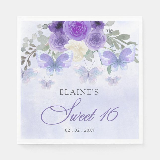 Rustic Floral Purple Lilac Butterflies Sweet 16 Napkin (Front)