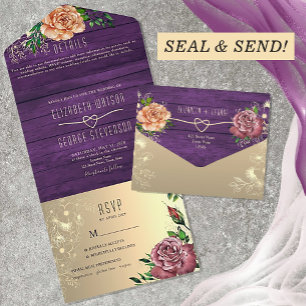 Rustic Floral Purple Wedding All In One Invitation
