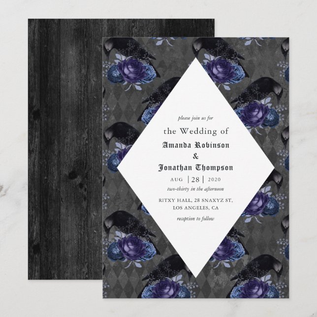 Rustic Floral Raven Gothic Wedding Invitation (Front/Back)