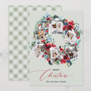 Rustic floral red 6 photos Christmas wreath green Holiday Card