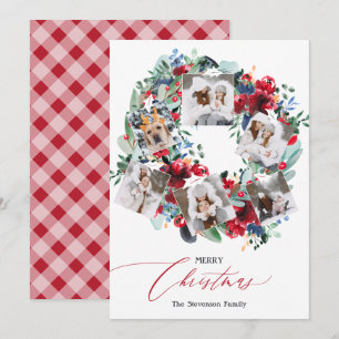 Rustic floral red 6 photos Christmas wreath Holiday Card