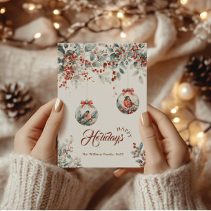 Rustic Floral Red Bullfinch Bird Snow Christmas  Holiday Card