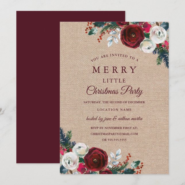 Rustic Floral Red Burgundy Christmas Party Invitation (Front/Back)